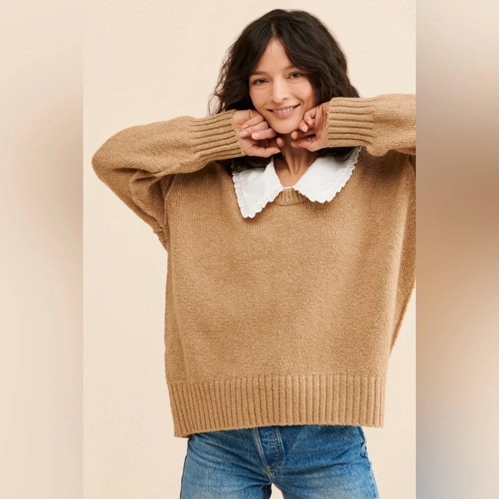 Free People Brookside Tunic Sweater Camel Tan Knit Oversized Sweater